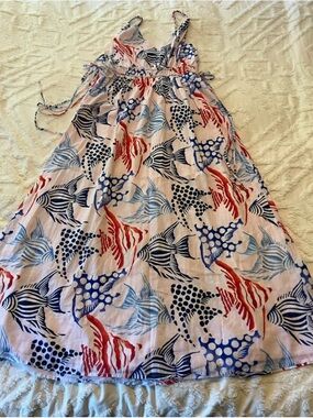 LOFT Maxi Sundress in White with Blue and Red Fish Print
